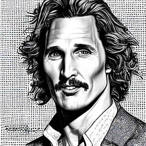 Image similar to a portrait drawing of Mathew McConaughey drawn by Robert Crumb