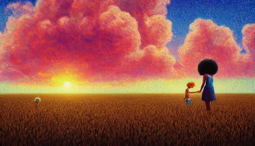 Image similar to daisy afro head, full body, girl watching sunset, empty wheat field, surreal photography, colorful clouds, tree, impressionist painting, colorful clouds, digital painting, pointillism, artstation, simon stalenhag