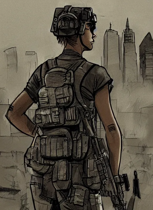 Image similar to Dinah. USN special forces operator looking at city skyline. mgs and rb6s Concept art by Matt Rhodes.