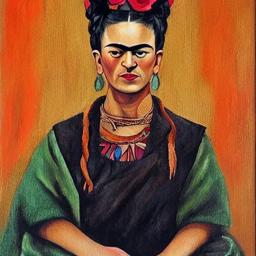 Prompt: oil painting of Frida kahlo standing and holding a knife