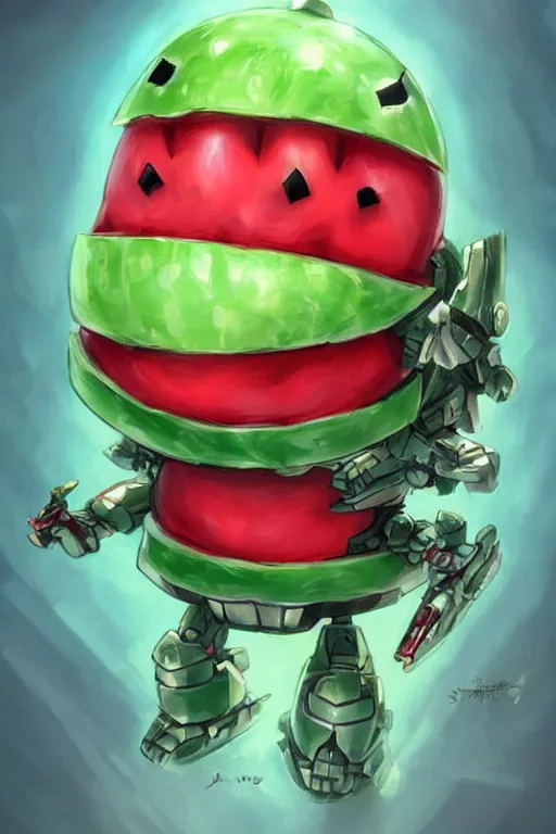 Prompt: cute anthropomorphic watermelon Gundam, Gundam made of watermelon, tiny, small, miniature Gundam, baby watermelon Robot, short, pale blue armor, cute and adorable, pretty, beautiful, DnD character art portrait, matte fantasy painting, cgsociety Artstation, by Jason Felix by Steve Argyle by Tyler Jacobson by Peter Mohrbacher, cinematic lighting