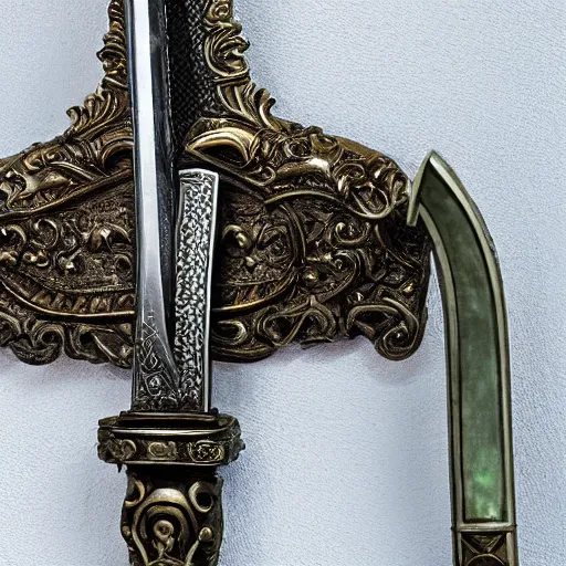 Image similar to sword of justice hanging on a wall, ornate gem in pommel, engraved blade