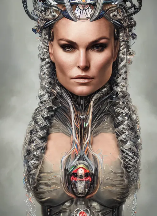 Image similar to high intricate portrait of lindsey vonn as a medusa with cybernetic enhancements, maria panfilova, andrea savchenko, mike kime, ludovic plouffe, qi sheng luo, oliver cook, makoto shinkai, trending on artstation