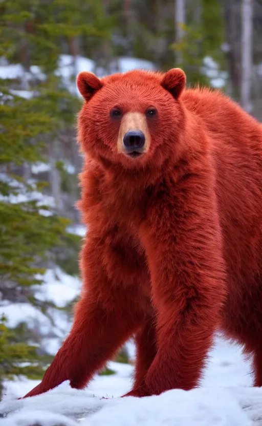 Image similar to real life photo of a red glowing bear in the canadian wilderness,