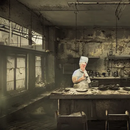 Image similar to kitchen - chef angry rotting zombie, detailled portrait, dilapidated restaurant interior, feeling of grimdark horror, daytime, high contrast, ultra intricate detailed, octane render, unreal engine