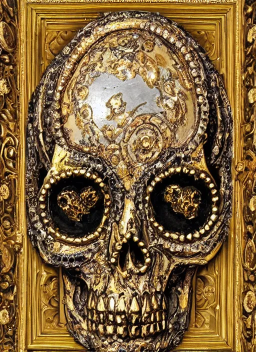 Image similar to baroque ornate gothic gold skull painting covered in jewels