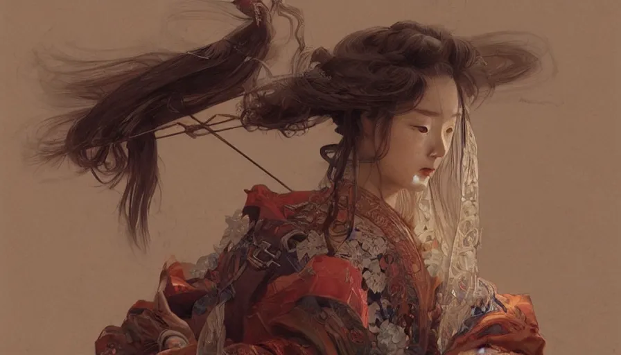 Image similar to a beautiful realistic painting of a samurai, intricate, elegant, highly detailed, digital painting, artstation, concept art, by krenz cushart and artem demura and alphonse mucha