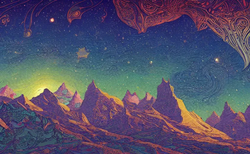 Prompt: mountains, stars and paisley filled sky, artstation, intricate, highly detailed, digital painting, concept art, sharp focus, illustration by Ivan Bilibin and Kilian Eng