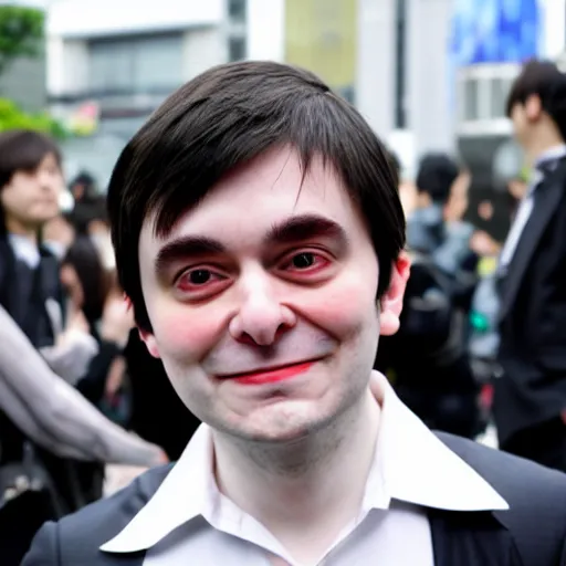 Image similar to cute looking martin shkreli in maid dress photographed at harajuku tokyo street fashion event,