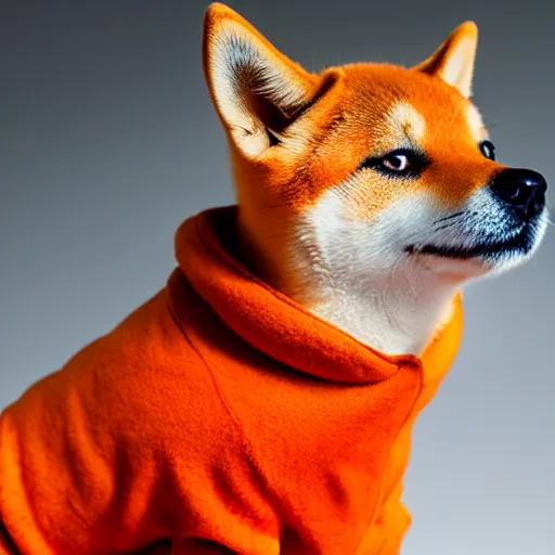 Image similar to a high detail photo of a shiba inu wearing an orange hoodie,photorealistic,hyperdetailed,professional lighting,studio photo,studio lighting,detailed face,depth of field,focus