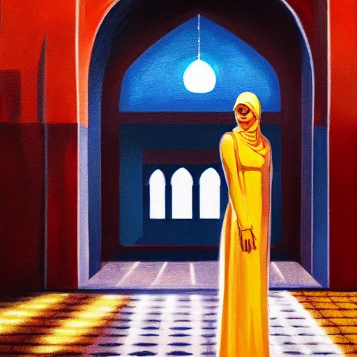 Image similar to beautiful woman, courtyard, capital, mosque interior, reflections, control panel, watcher, omniscient, tech noir, few neon signs, concept art, speed painting, oil on canvas