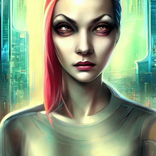 Prompt: a cyberpunk, ( streamline moderne ), multi - racial portrait in the style of anna dittmann and charlie bowater and chanthara. very large, clear, expressive, and intelligent eyes. centered, ultrasharp focus, dramatic lighting, photorealistic digital matte painting, intricate symmetrical ultra detailed background.