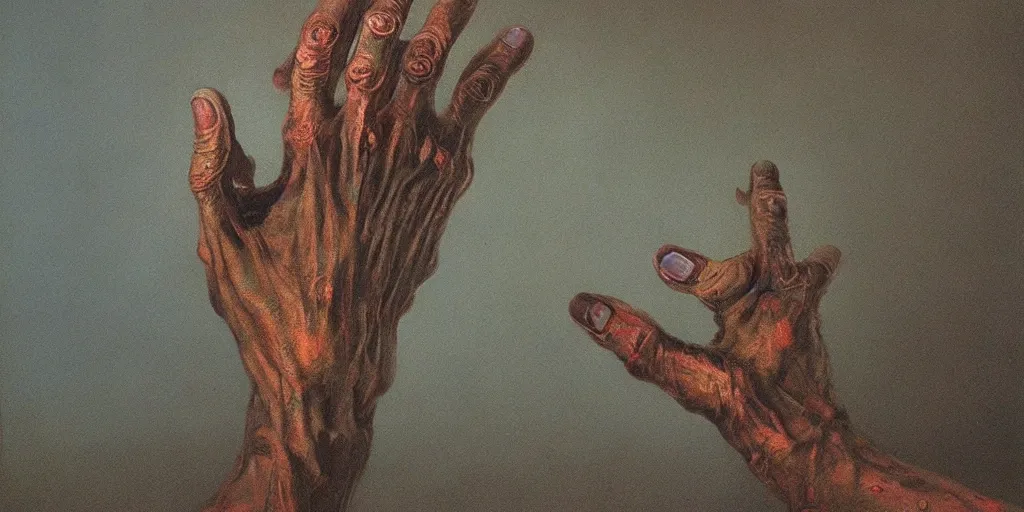 Image similar to Painting in style of Beksinski of an old human hand, that is reaching for light. Dramatic, highly detailed, masterpiece