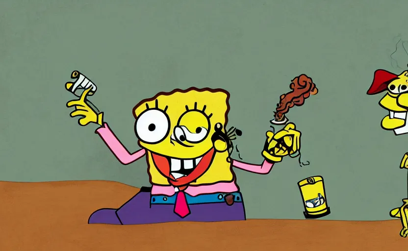 Image similar to SpongeBob smoking a joint . trending on art station, hyper detail, photo quality, 40mm lens