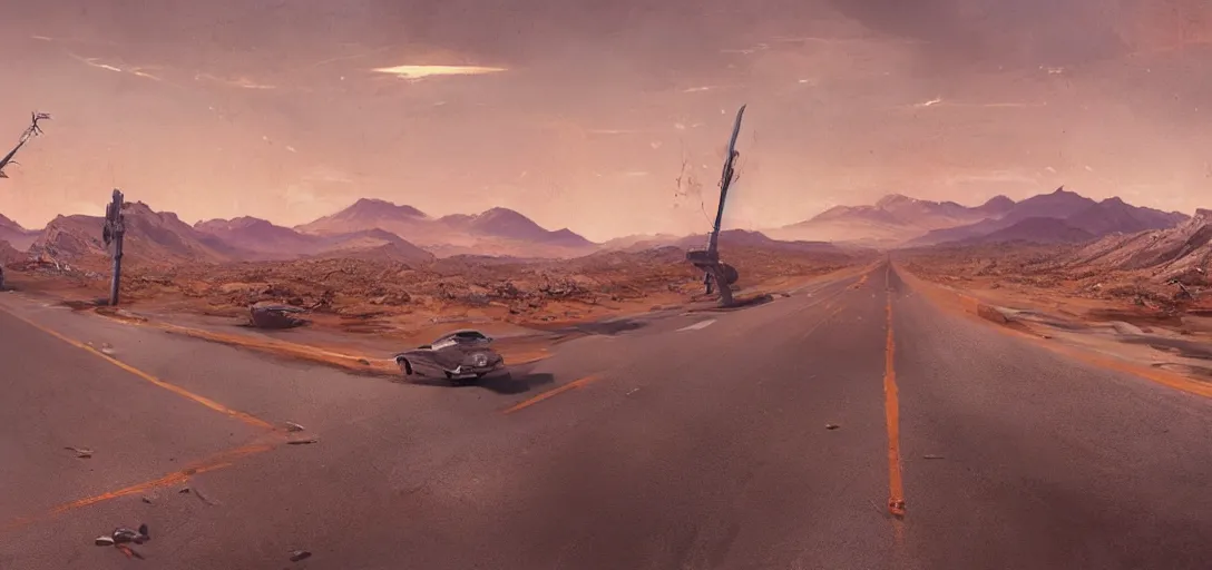 Image similar to a desolate highway in the middle of the nevada desert, drawn by artgerm and greg rutkowski, establishing shot, opening film shot, video game cinematic, highly detailed, digital painting, concept art, movie poster art, cinematic framing, cinematic lighting, illustration, trending on artstation