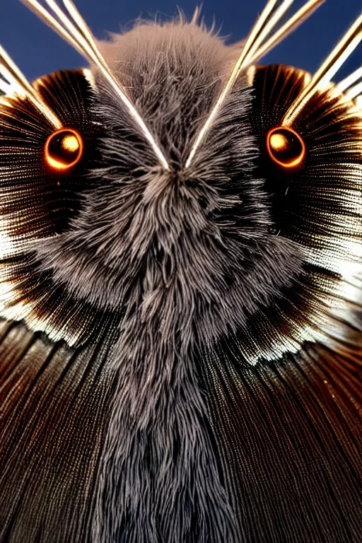 Prompt: high quality close-up photo sheer furry moth! metallic gorgeous! highly detailed david ligare elson peter cinematic blue neon lighting high quality low angle hd 8k sharp shallow depth of field