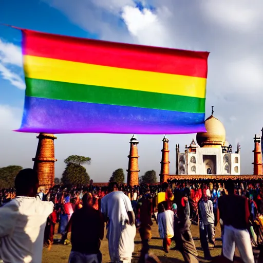 Image similar to photo of crowd of men wearing leather clothes with rainbow flags dancing at ( ( ( ( taj mahal ) ) ) ), well framed, sharp focus, 8 k, beautiful, award winning photo, highly detailed, intricate, centered, soft clouds