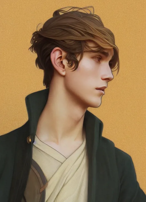 Image similar to pretty young man with shoulder length shiny shimmering golden blond hair, half body shot, path traced, highly detailed, high quality, digital painting, by studio ghibli and alphonse mucha, leesha hannigan, hidari, disney