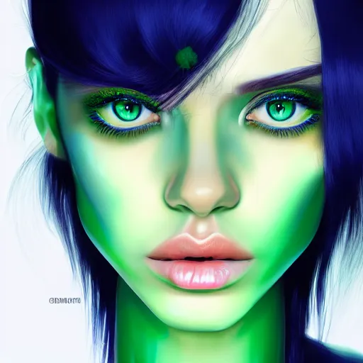 Image similar to photorealistic portrait of beautiful toxic girl, black hair, blue eyes, smooth face, perfect eyes, half body shot, elegant, realistic, glowing skin, detailed face, green colours, sharp focus