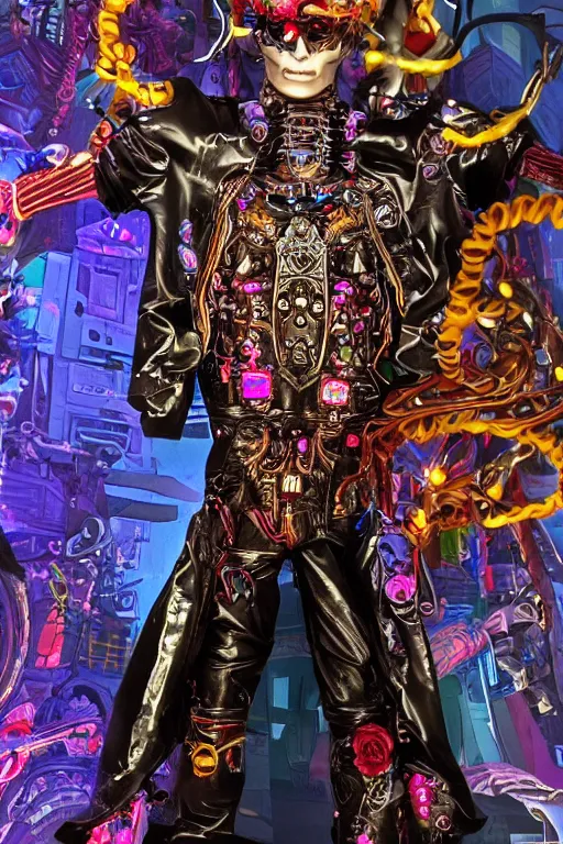 Image similar to full-body cyberpunk style sculpture of a young handsome Latino prince half android with a chest opening exposing circuitry and electric sparks, glowing red eyes, crown of blue roses, flowing magenta-colored silk, fabric, snakes. baroque elements, human skull. full-length view. baroque element. intricate artwork by caravaggio. many many birds birds on background. Trending on artstation, octane render, cinematic lighting from the right, hyper realism, octane render, 8k, depth of field, 3D