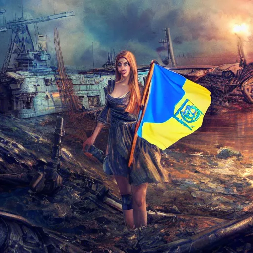 Prompt: ukrainian girls with ukrainian flag near big ruined warship, happy, concept art, trending on artstation, highly detailed, intricate, sharp focus, digital art, 8 k