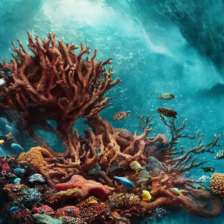 Prompt: a photo of a massive sea monster made of pieces of coral reef emerging from the ocean, epic vfx shot, waves, splashing water, creature design, award winning photography, national geographic