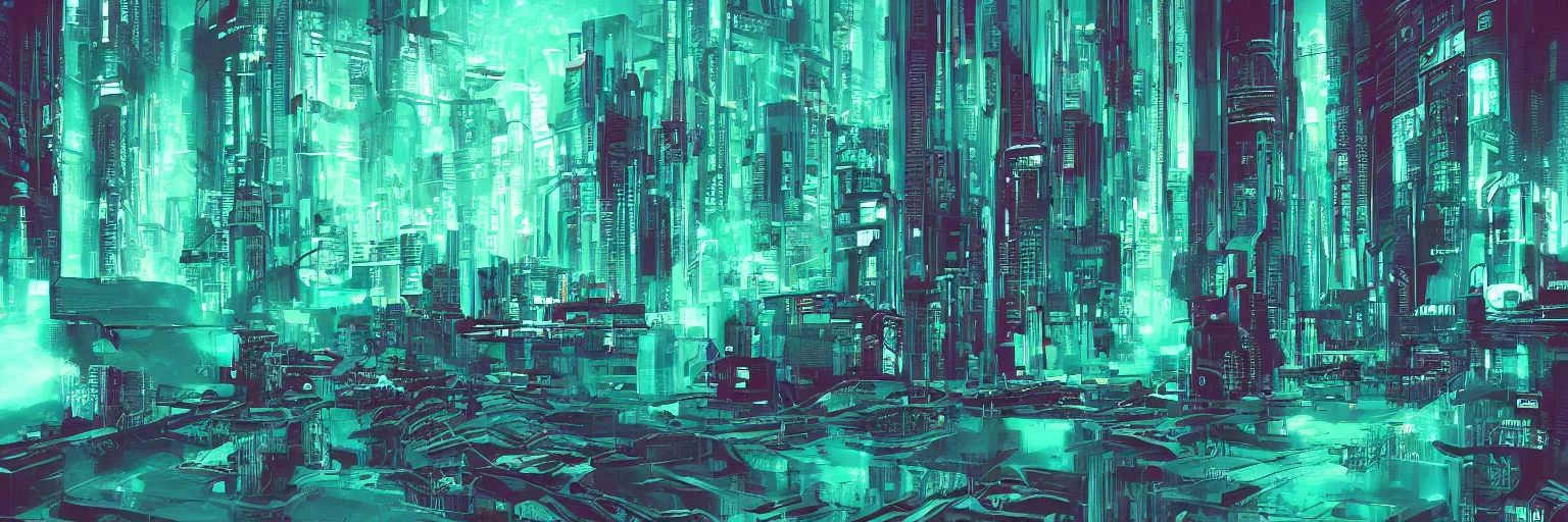 Prompt: Cyberpunk dreamscape, teal, abstract,detailed