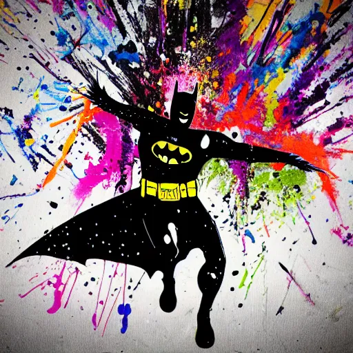 Image similar to batman breakdancing, splatter paint