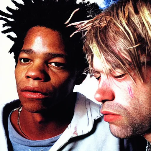 Image similar to photo of basquiat and kurt cobain in a high end studio, photorealistic,