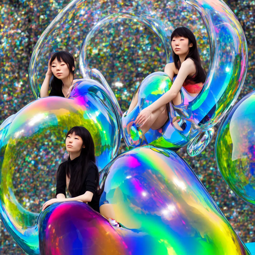 Prompt: a beautiful japanese girl sitting on an unfinished klein bottle sculptural, chroma iridescence, colors, glassy, reflective and refractive, soap bubbles floating, baroque architecture background, surrealist