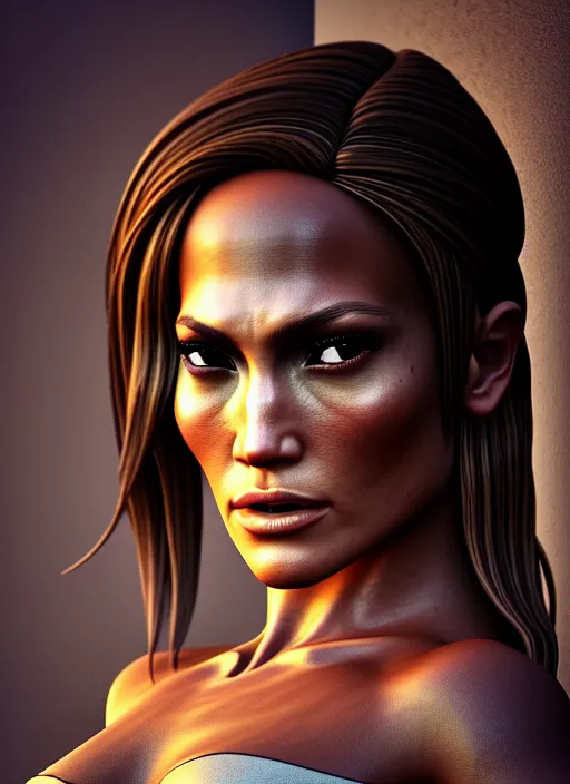 Prompt: attractive female portrait of jennifer lopez as tomb raider, rule of thirds, haze, intricate, symmetrical!!, depth of field, cinematic, filmic, vsco, concept art, artstation, digital painting, elegant, model, gorgeous, vouge, kodak, vray, cinema 4 d, octane render, ambient occlusion, lumen