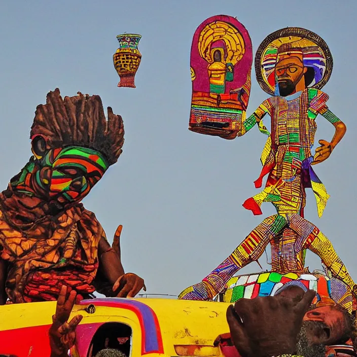 Image similar to UFO hovering over an African Jesus , colourful, in the style of Nigerian truck art (Eagle & Snake, Kano),