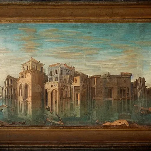 Prompt: a renaissance like painting of a city submerged underwater