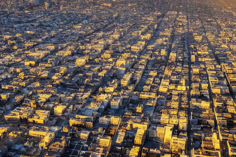 Image similar to aerial view of san francisco post apocalyptic, panoramic photography, golden hour, soft lighting, beautiful photo