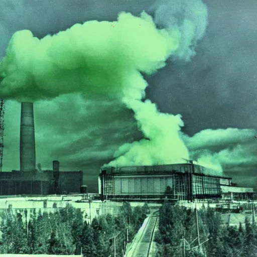 Image similar to a photograph of chernobyl emitting green smoke, photographs smuggled out from the soviet union, chernobyl, bright green