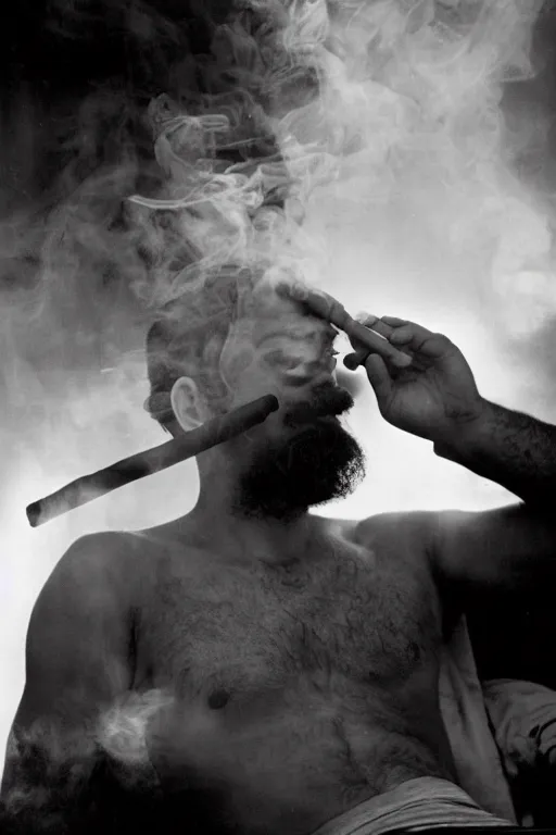 Image similar to a recent photograph of god smoking a cuban cigar by stanley kubrick