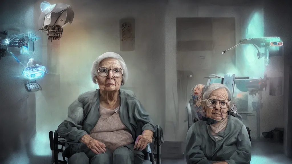 Prompt: my grandma in a nursing home located near a futuristic tank battle, old lady, cybernetic, lasers, dark future, hellscape, digital art, fear, creepy, jeff the killer, trending on artstationhq