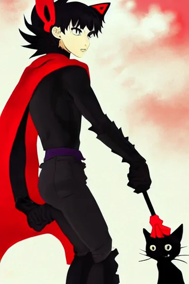 Image similar to little boy with cat ears in an black outfit with red cape. digital artwork made by lois van baarle and kentaro miura, sharpness focus, inspired by hirohiko araki, anatomically correct, heroic composition, hero pose, smooth, noir city