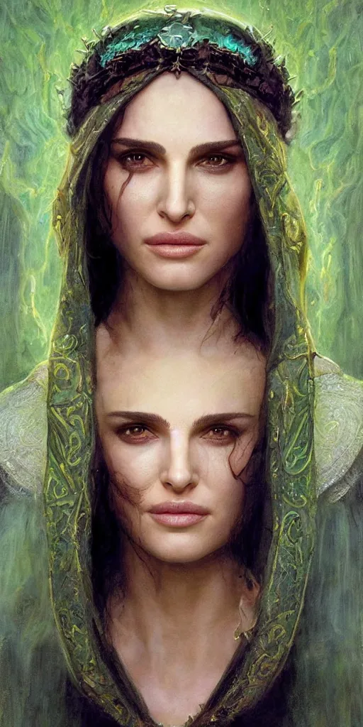Image similar to epic masterpiece portrait of priestess played by natalie portman, followed by head with many souls, beautiful face and flawless skin, perfect hands, emeralds by Edgar Maxence and Ross Tran and Michael Whelan