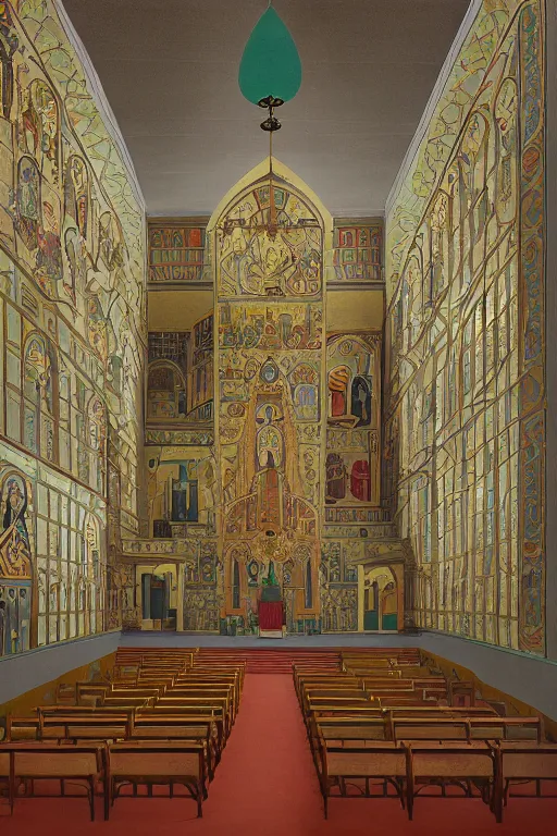 Image similar to scene from wes anderson orthodox cathedral building by helen lundeberg