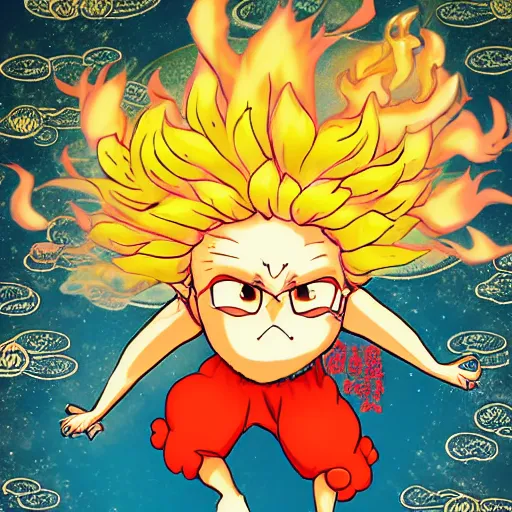 Image similar to fluffy exploding popcorn elemental spirit, in the style of a manga character, with a smiling face and flames for hair, sitting on a lotus flower, clean composition, symmetrical