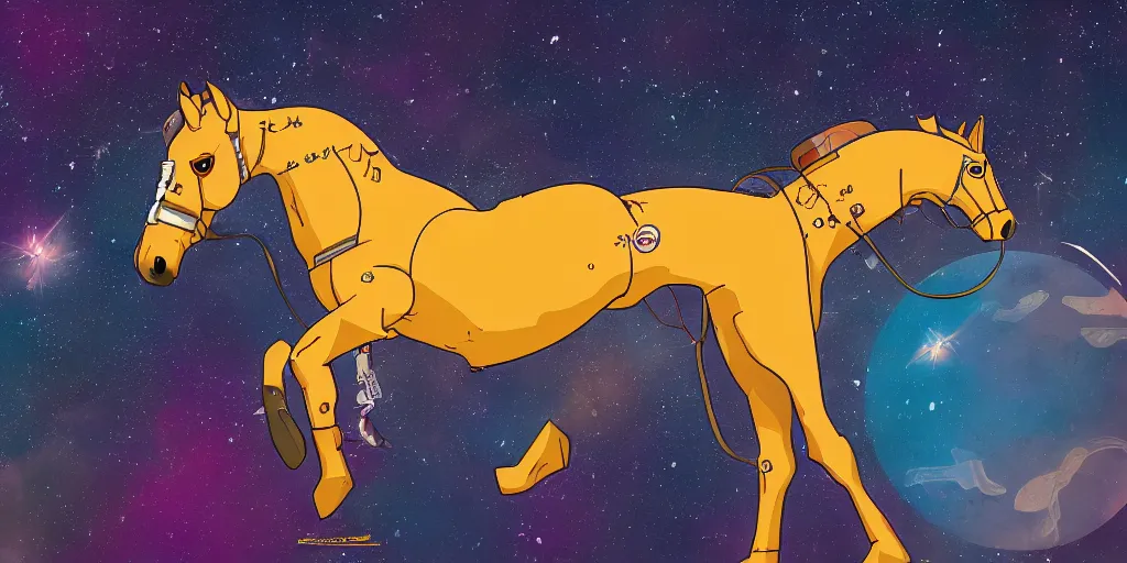 Prompt: a horse wearing a space suit, highly detailed, 4 k, digital art, fan art, trending on artstation, in the style of bojack horseman