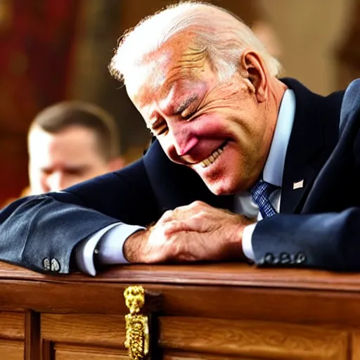 Image similar to smiling biden with closed eyes praying in a russian church