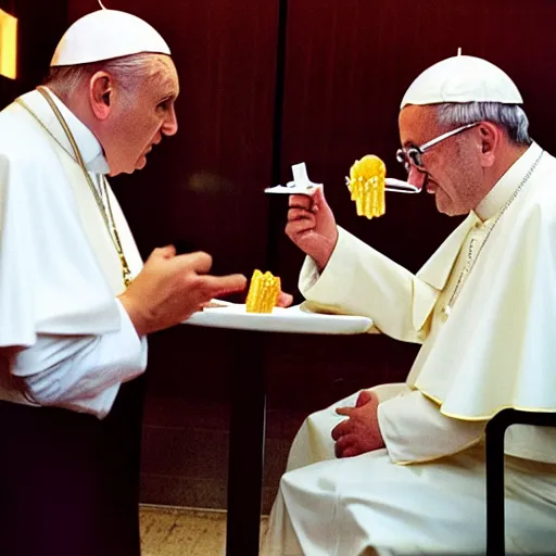 Image similar to big smoke from gta eating mc donalds with the pope and shinzo abe, photo by slim aarons, award winning