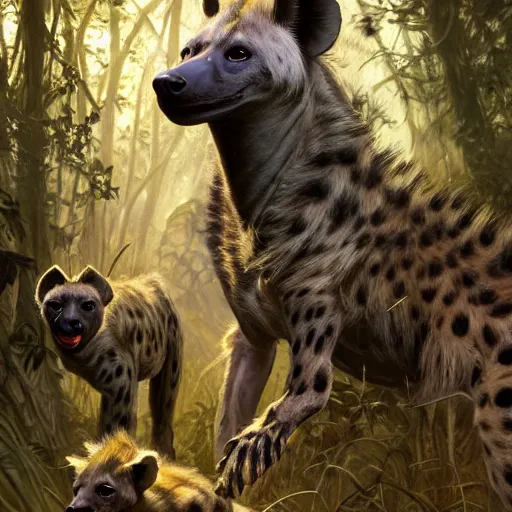 Image similar to photo of a humanoid hyena with hyena head feeds hyena puppies in the forest, highly detailed, digital painting, artstation, smooth, sharp focus, illustration, art by artgerm and greg rutkowski and alphonse mucha