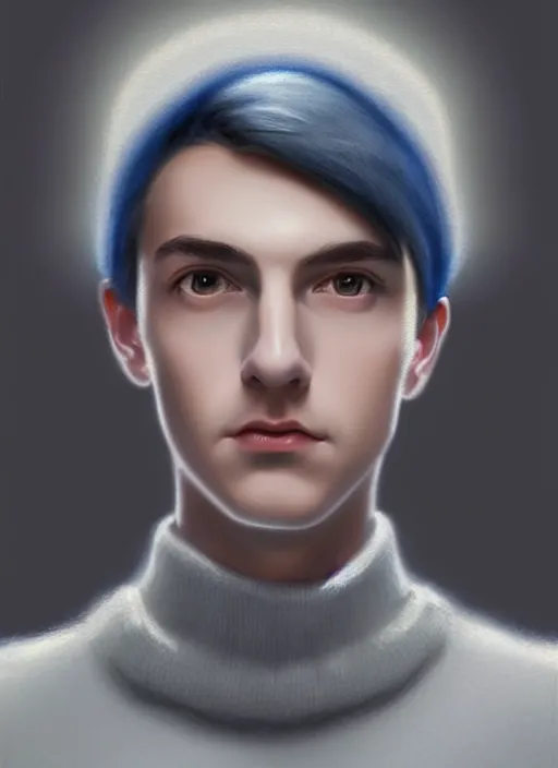 Image similar to portrait of teenage jughead jones, wearing a light grey crown, light grey crown, blue turtleneck sweater 1 9 5 0 s, intricate, elegant, glowing lights, highly detailed, digital painting, artstation, concept art, smooth, sharp focus, illustration, art by wlop, mars ravelo and greg rutkowski