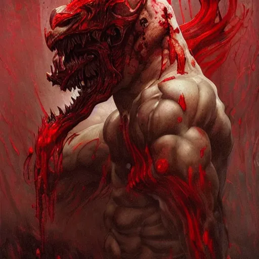 Image similar to Dark Fantasy Painting of a muscular red beast with blood dripping from its mouth, creepy, unsettling, horror, upper body, intricate, wild, highly detailed, digital painting, artstation, concept art, smooth, sharp focus, illustration, art by artgerm and greg rutkowski and alphonse mucha