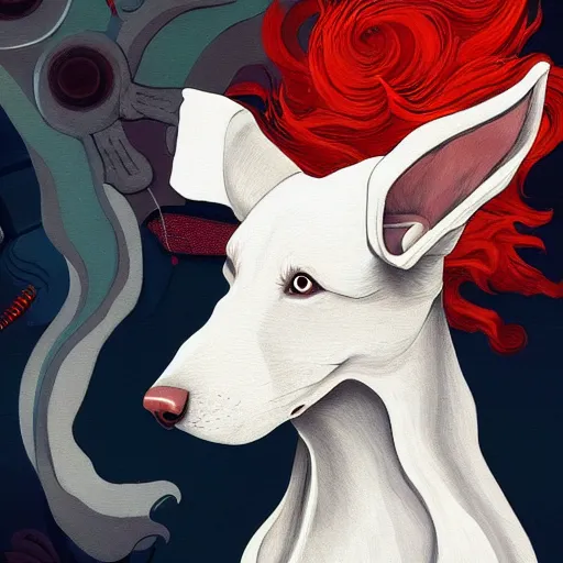 Image similar to a demon dog named bambi who is a white golden doodle and not actually a demon but called a demon because it acts like it is possesed, an ultrafine detailed painting by james jean, behance contest winner, vanitas, angular, altermodern