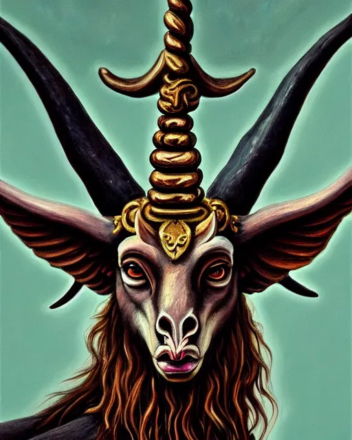 Image similar to painting of baphomet, esoteric, muted colors, head in focus, fantasy art, ornamental aesthetics, intricate, elegant, highly detailed hyperrealistic painting, artstation, concept art, painterly, sharp focus, illustration, art by lois royoi