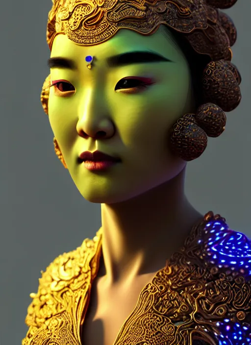 Image similar to 3 d goddess waist shot portrait. beautiful intricate highly detailed korean dokkaebi mask and traditional korean hanbok. stingray, magpie, bioluminescent, iridescent, plasma, lava, ice, water, wind, creature, key lighting, artwork by tooth wu and wlop and beeple and greg rutkowski, 8 k trending on artstation,